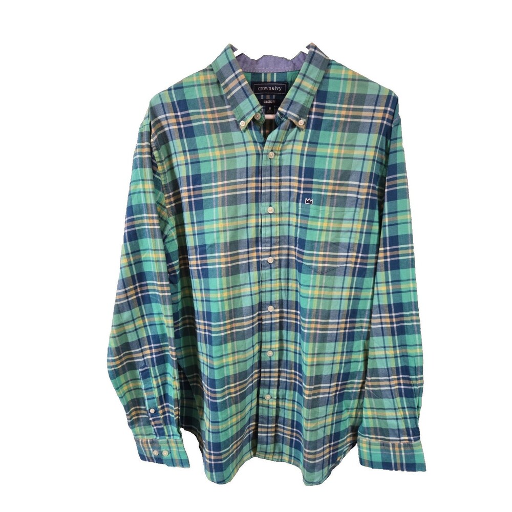 Crown & Ivy Medium Lt Green Classic Fit Long Plaid Sleeve Button Up Shirt Hot